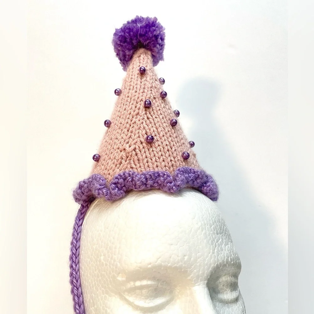 NWT Hand Knit Pink and Purple Party Hat with Faux Pearls One Size Fits Most